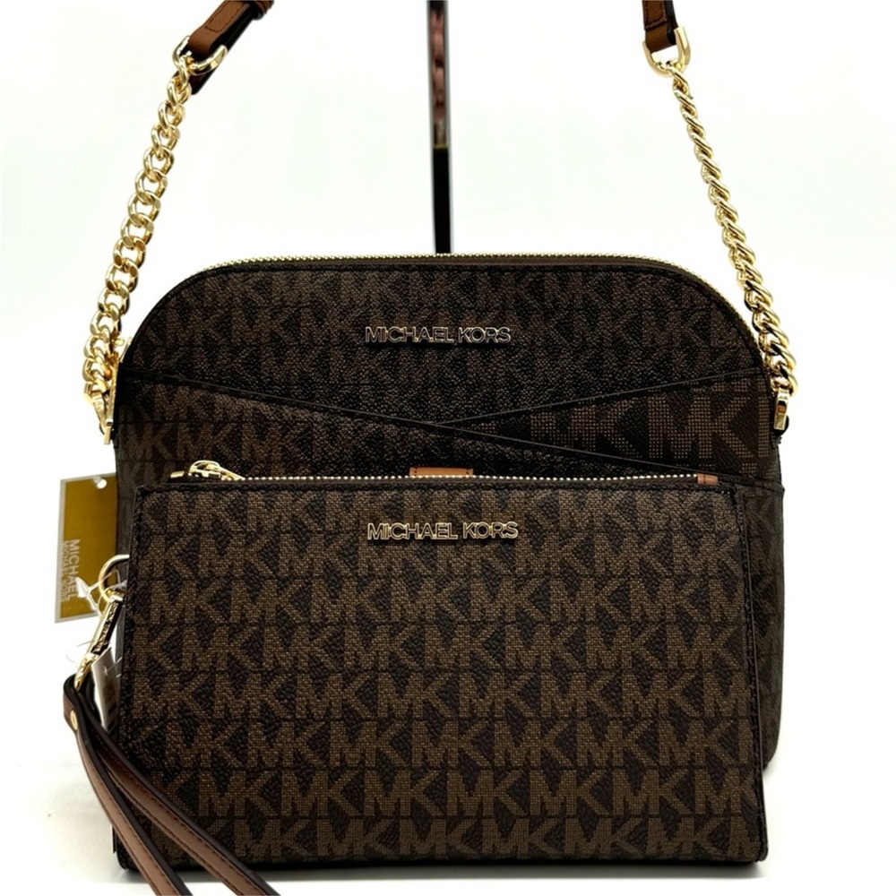 Michael Kors Jet Set Travel Medium Dome Crossbody Bag & Double Zip Wallet Brown